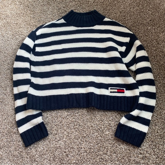 Vintage Tommy Jeans Striped Cropped Turtleneck Sweater - Picture 1 of 4
